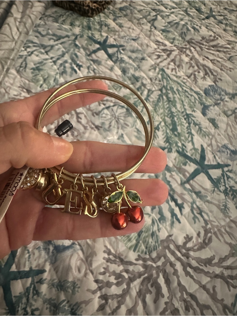 Guess Gold-tone Cherry Charm Bangle Bracelet with Red & Green Accents
